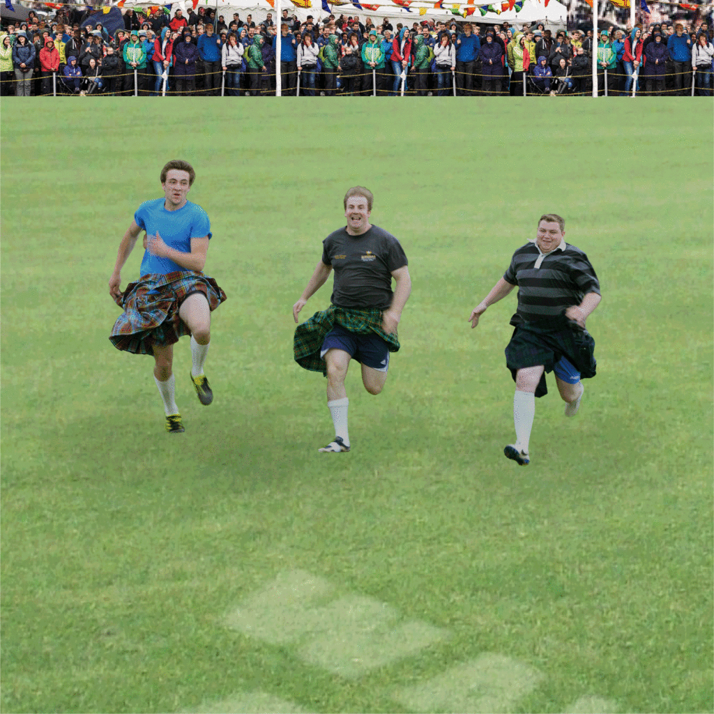 three men in kilts running in a race
