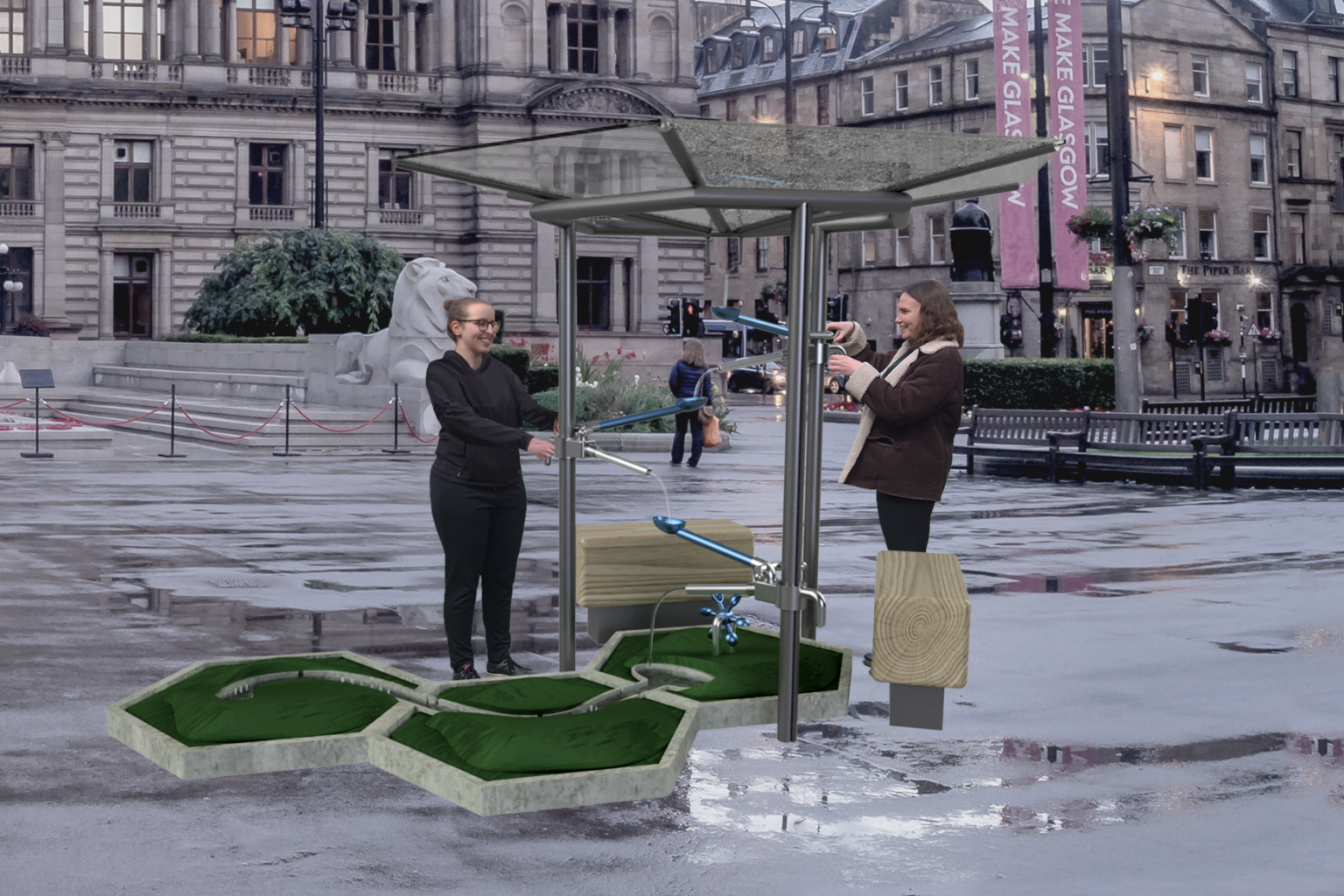 render of rain shelter with interactive arms