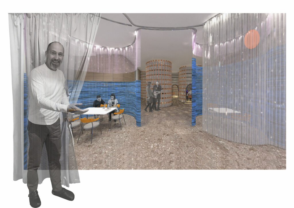 In order to adapt to the fluctuating amount of users in this space, I designed a curtain railing system that can accommodate four smaller tables in individual curtain pods or one large group in a singular pod. The stripes of sheer fabric allow for the curtains to create interesting patterns when crossing over.