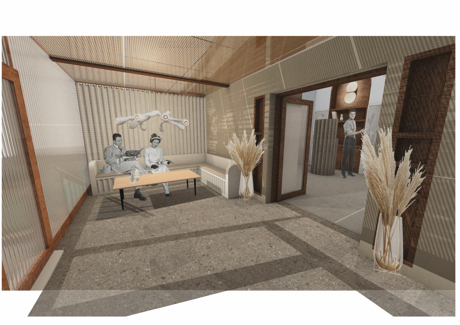 This space acts as a step between the reception and the waiting areas. Families can gather here and catch up so that they feel mentally prepared to witness the cremation.
