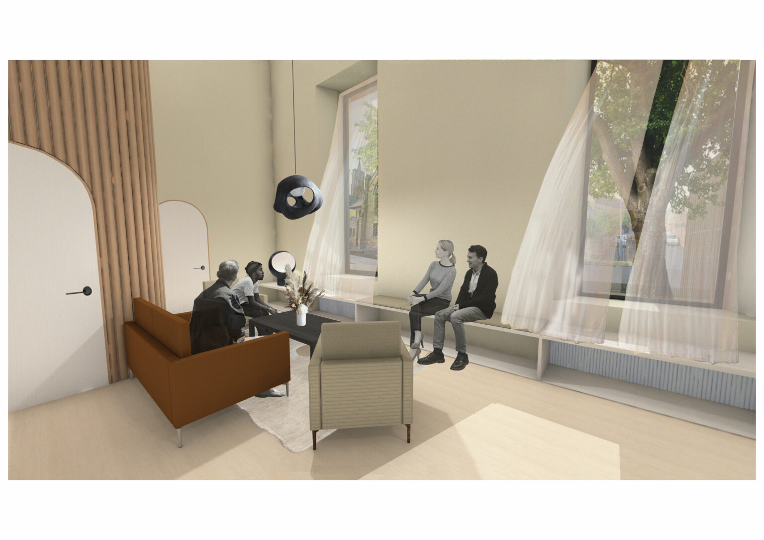 The seating area is where the family can sit with each other as well as a member of staff to discuss the witness cremation. These moments of pause are important as they offer the families spaces to pause and reflect.