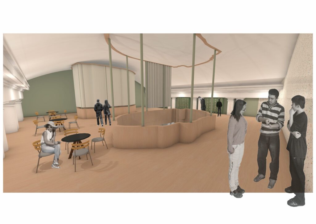 This is an open and airy space which aims to help the grieving try new things and reconnect with the world after their loss. On the occasions that the crematorium curtains are open, this space will be still be open to the public, but it will be used to witness the cremation service below.
