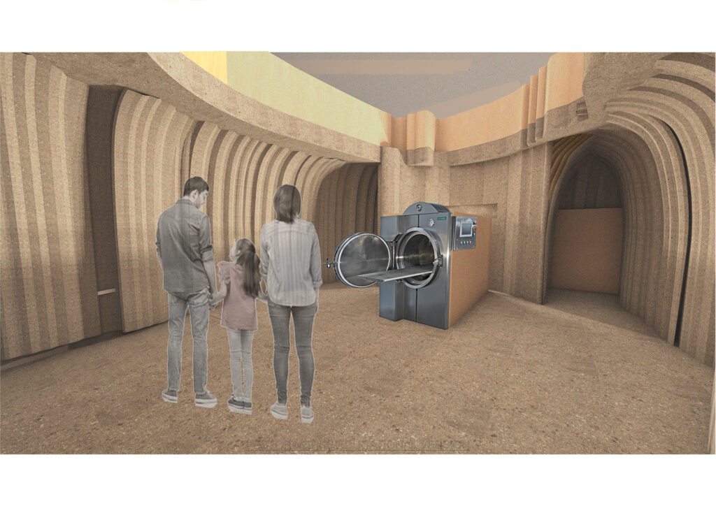 The water cremation space holds witness cremations which means once the bereaved enter the space they will be able to dress the casket, normally with flowers or pictures, and then they will witness the cremation. This active participation allows them to be engaged with the process. I also wanted this intimate space to be able to be opened up to the public in a controlled and educational way. So as you can see in this visual the ceiling is actually a void space which has a curtain that can be opened to let the public in or closed to allow complete privacy. Viewing a body has many benefits to the bereaved, often times seeing is believing and viewing the deceased a time for everyone to say goodbye to the deceased in their own personal way. I think through media. Corporations and how much death had been medicalised over the years, deceased bodies have been removed from society and stigmatised. By allowing people to witness a cremation and see the body in a safe and controlled way, this space will reduce the fear of bodies, and therefore the fear of death.