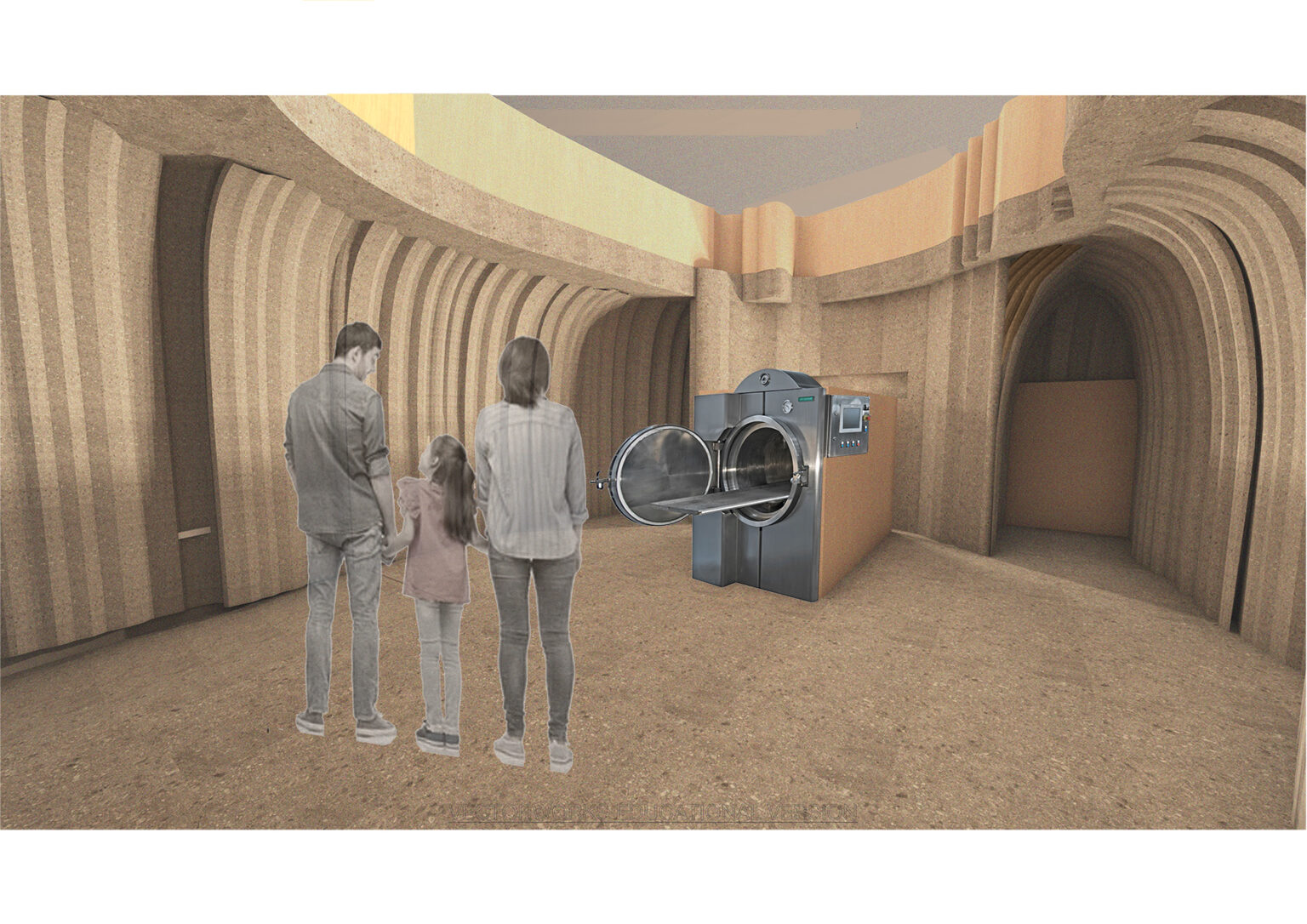 The water cremation space holds witness cremations which means once the bereaved enter the space they will be able to dress the casket, normally with flowers or pictures, and then they will witness the cremation. This active participation allows them to be engaged with the process. I also wanted this intimate space to be able to be opened up to the public in a controlled and educational way. So as you can see in this visual the ceiling is actually a void space which has a curtain that can be opened to let the public in or closed to allow complete privacy. Viewing a body has many benefits to the bereaved, often times seeing is believing and viewing the deceased a time for everyone to say goodbye to the deceased in their own personal way. I think through media. Corporations and how much death had been medicalised over the years, deceased bodies have been removed from society and stigmatised. By allowing people to witness a cremation and see the body in a safe and controlled way, this space will reduce the fear of bodies, and therefore the fear of death.