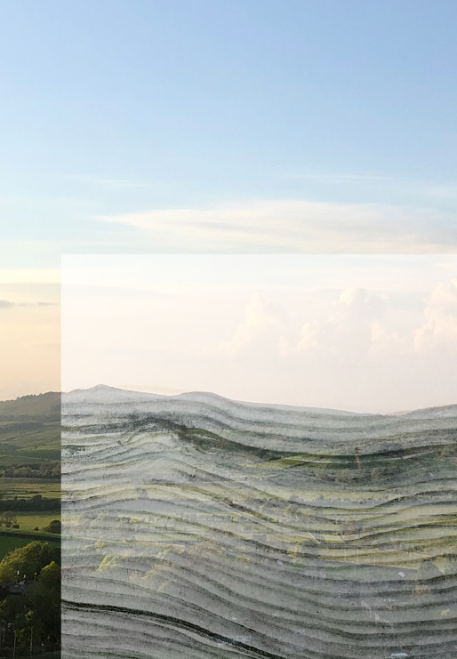 Pencil drawing layered over a photo of Yorkshire landscape at sunset
