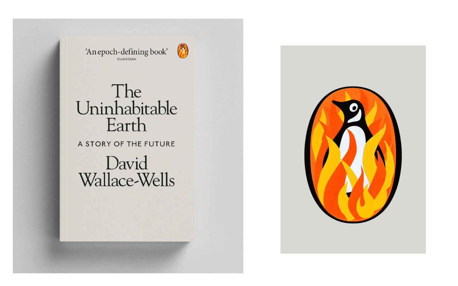 mockup of the inhabitable earth book cover with penguin on fire in logo
