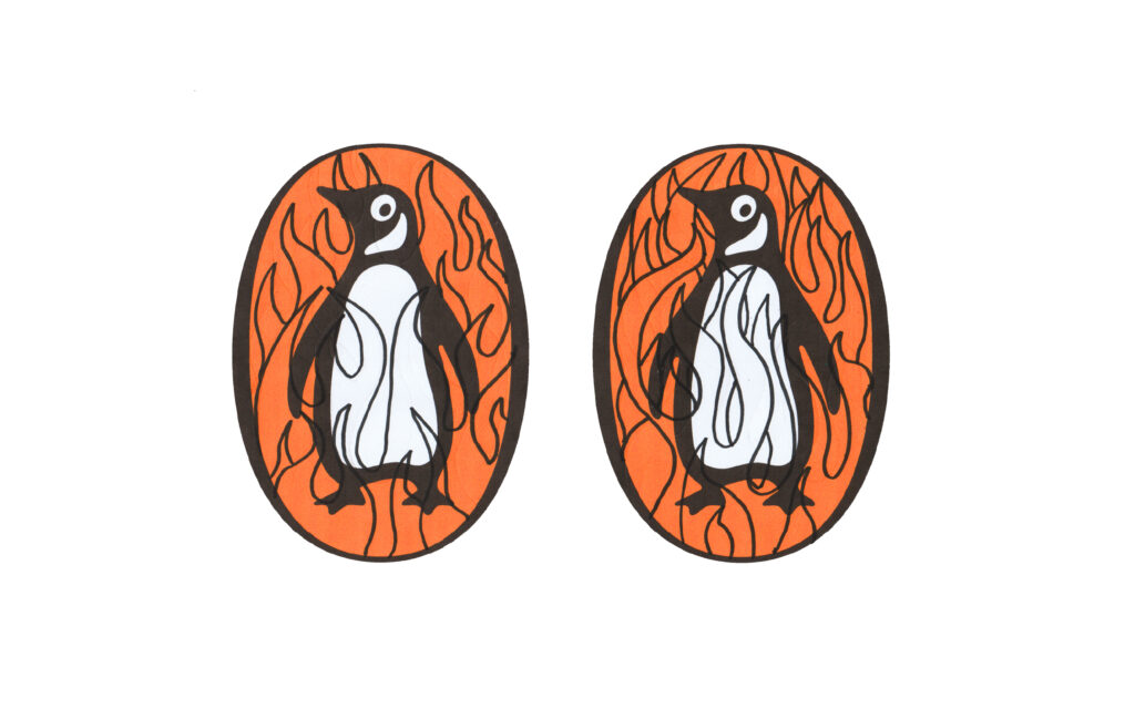 pen drawn flames on top of penguin logos