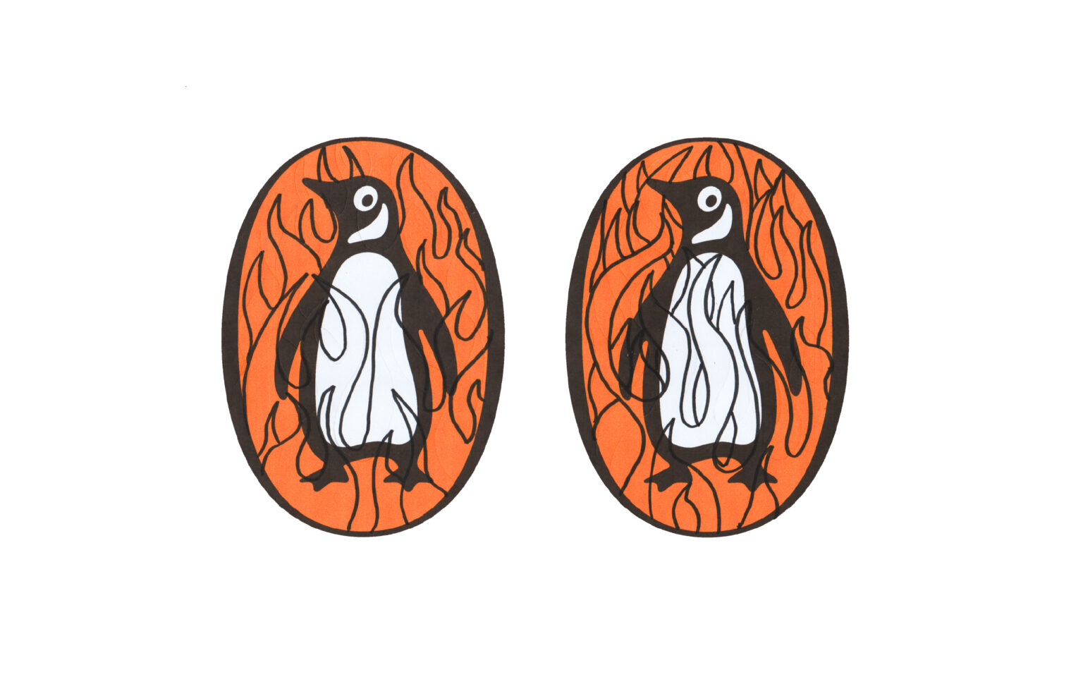 pen drawn flames on top of penguin logos